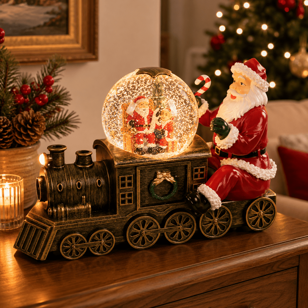 LED Water Spinner Santa Train Decoration 31.6cm - XMAS ROOM DECORATION - LIGHT UP - Beattys of Loughrea