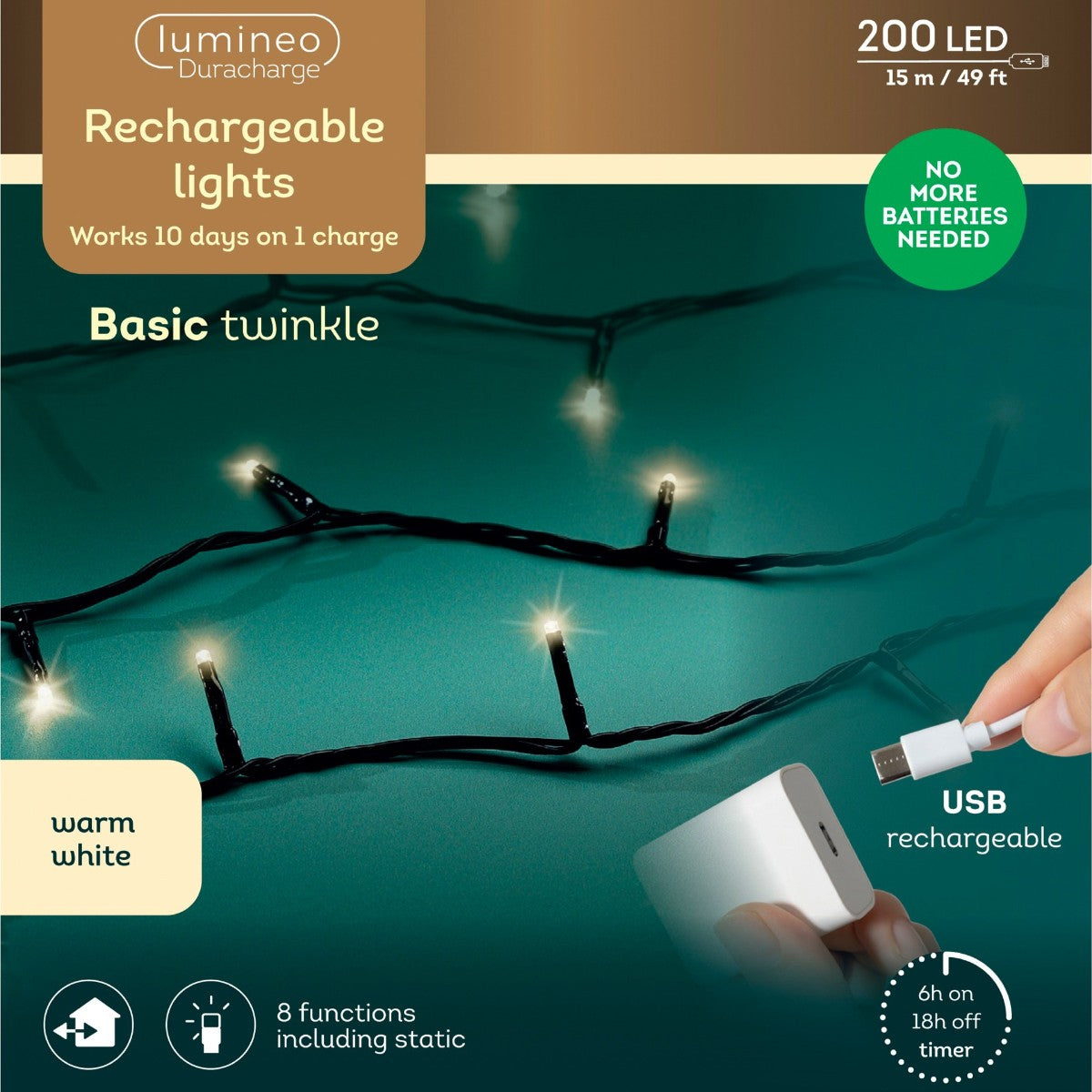 200 LED Duracharge Warmweiße Lichterkette 15m