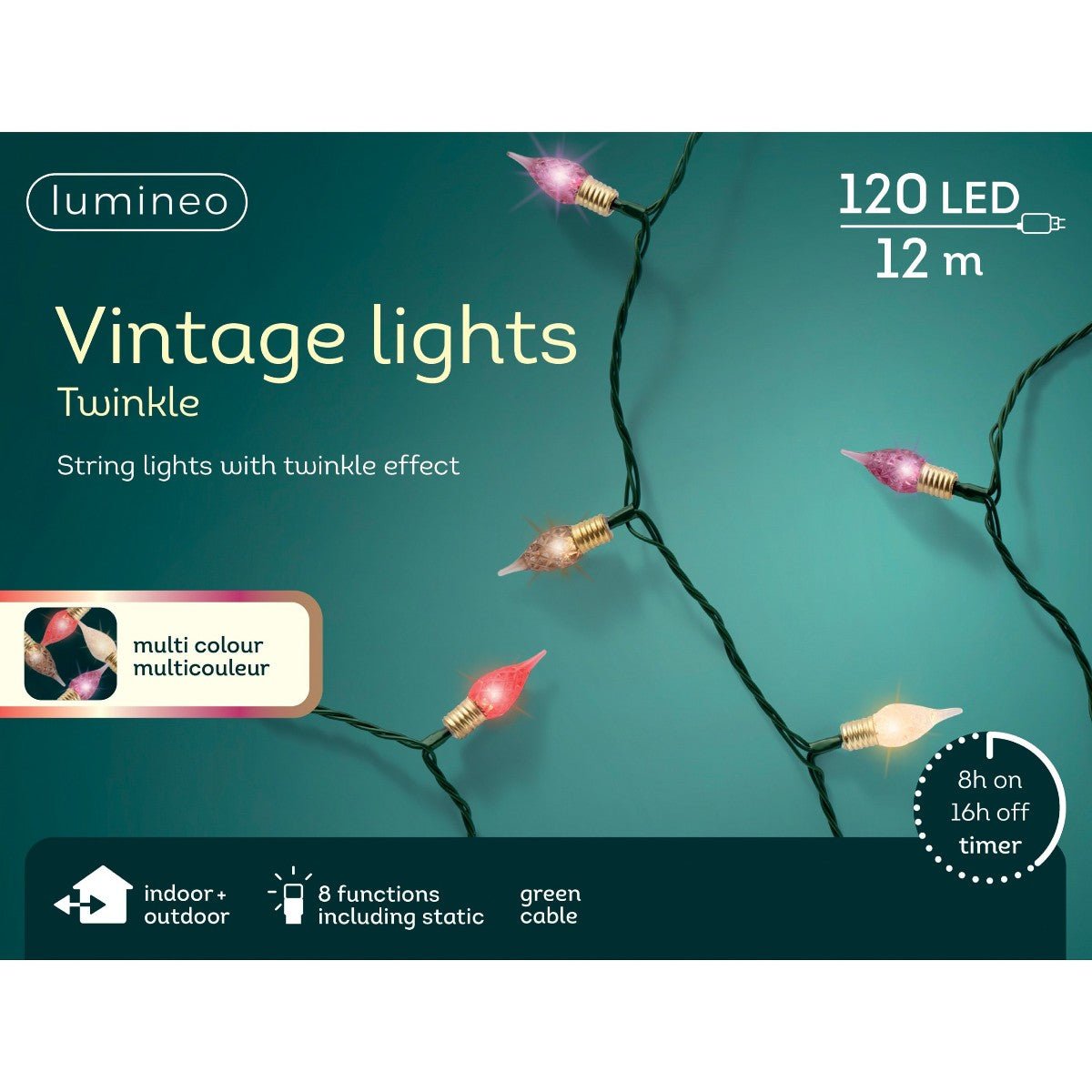 120 LED Vintage Style Twinkle String Lights Multi Colour 12m - XMAS LIGHTS LED - Beattys of Loughrea