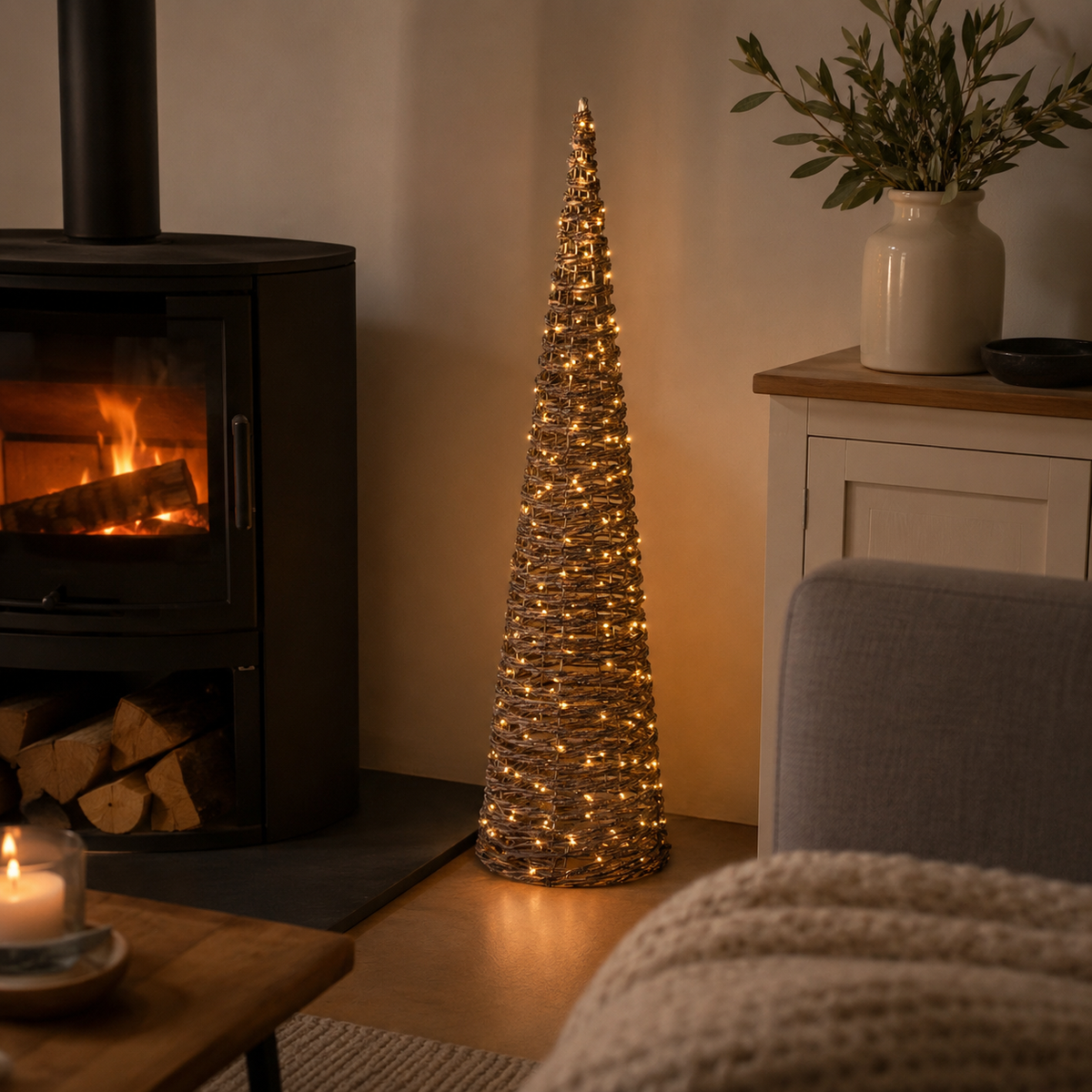 LED Wicker Cone Tree Light Classic Warm 90cm - XMAS ROOM DECORATION - LIGHT UP - Beattys of Loughrea