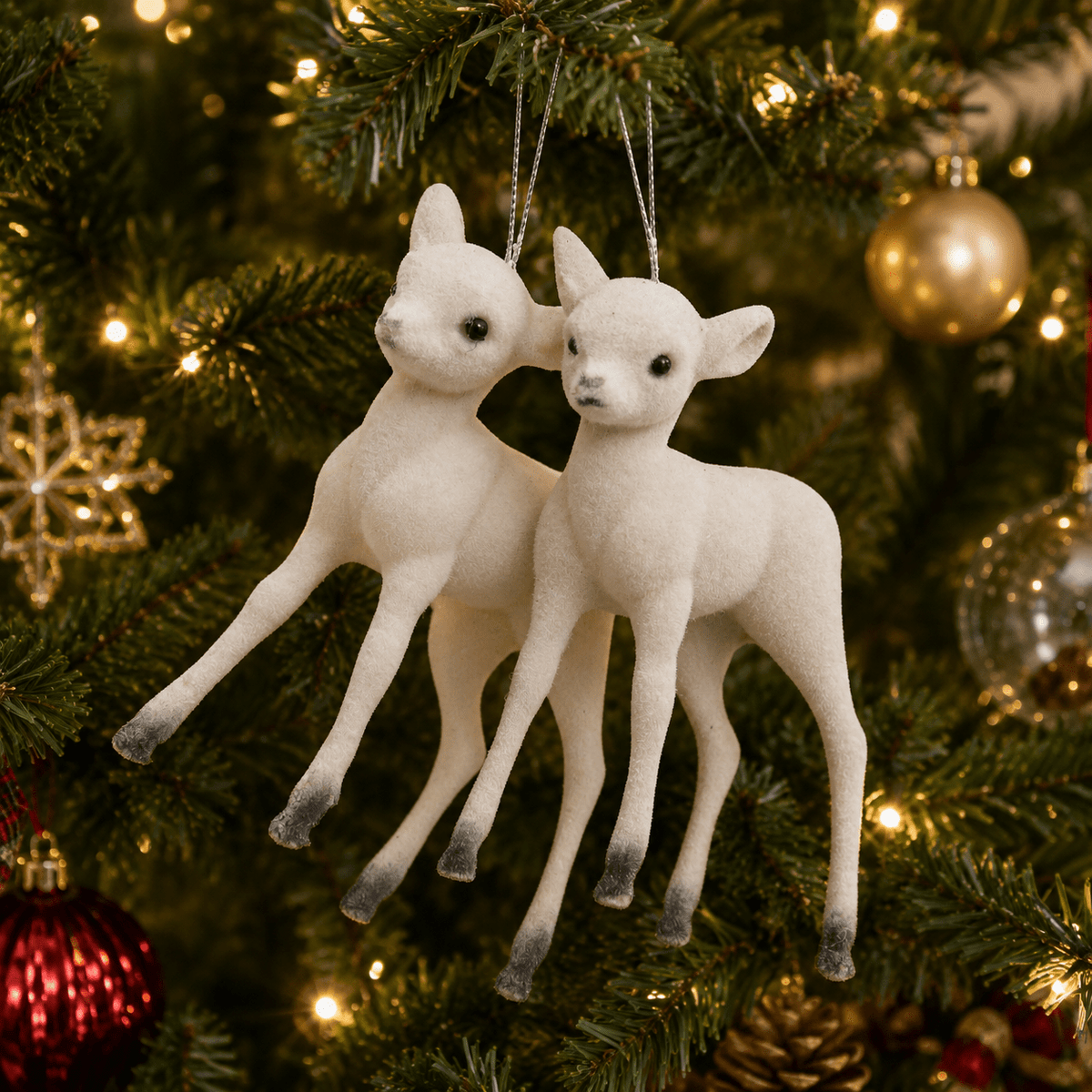 Pair Of Flocked Reindeer Hanging Decorations White 7.5cm - XMAS HANGING DECOS - Beattys of Loughrea