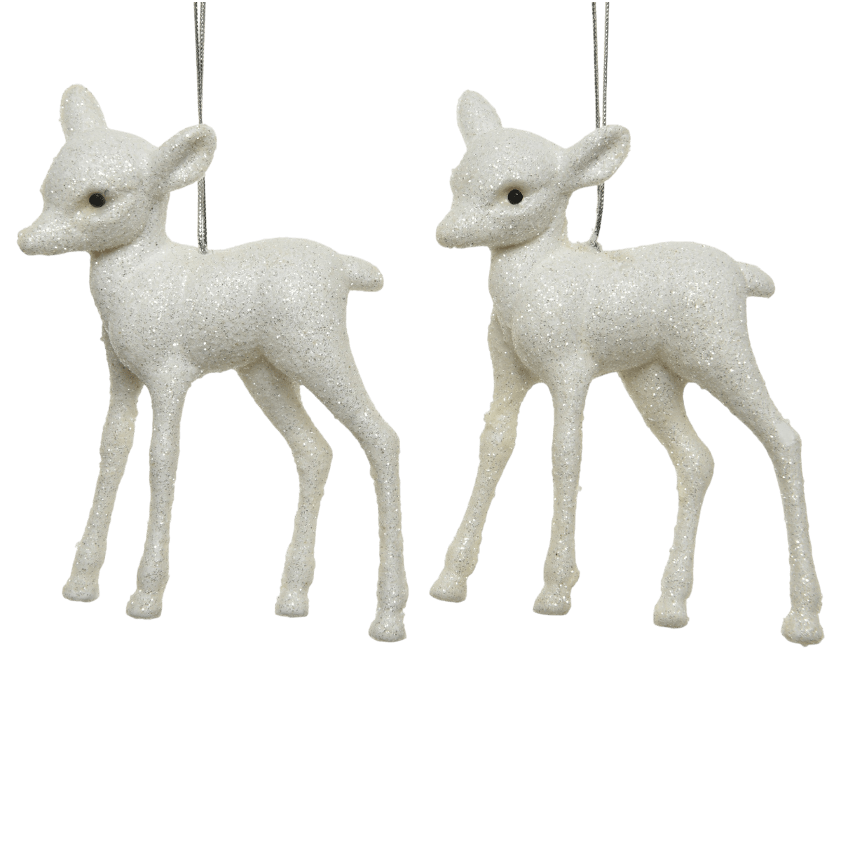 Pair Of Glitter Deer Hanging Decorations White 9cm - XMAS HANGING DECOS - Beattys of Loughrea