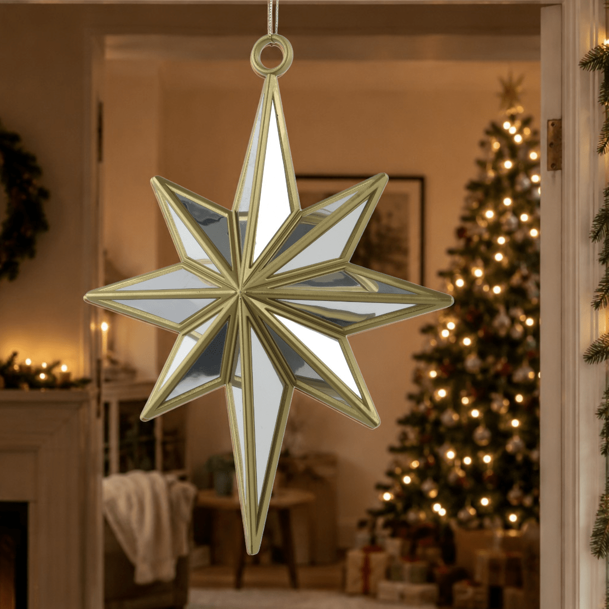 Hanging Gold Star Decoration 28cm - XMAS HANGING DECOS - Beattys of Loughrea