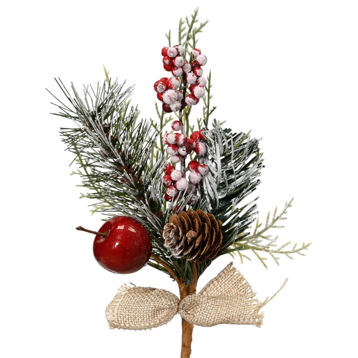 Snowy Christmas Pick With Apple, Pinecone & Rustic Bow 20cm