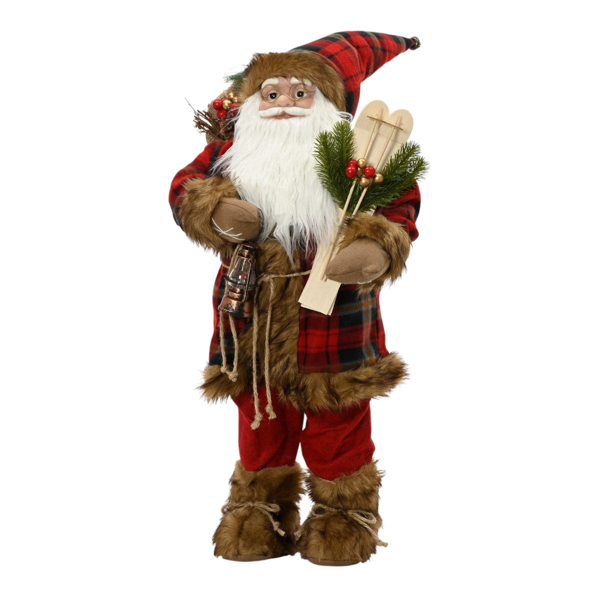 Stehende Weihnachtsmann-Deko mit Laterne und Skiern 80 cm