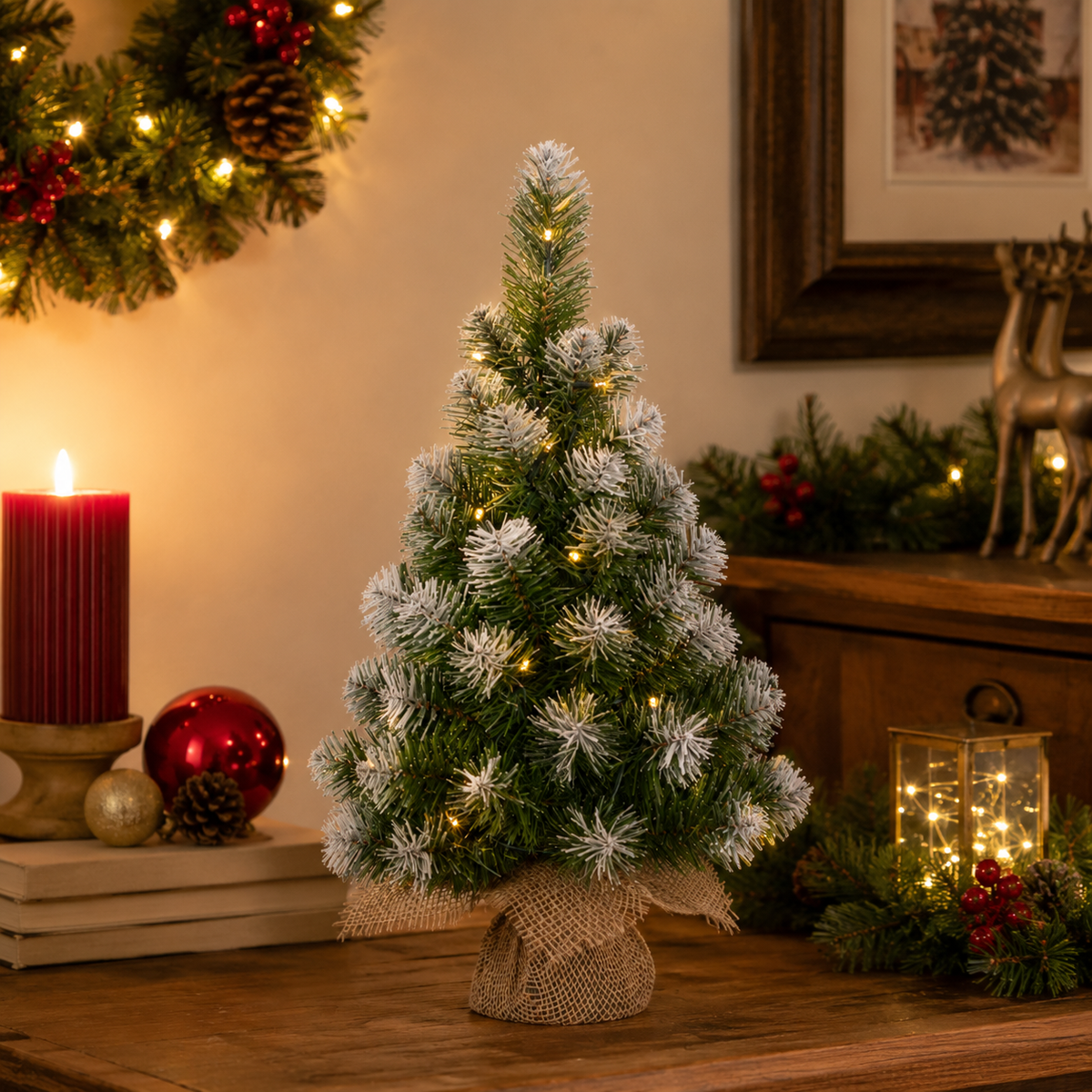 Mini Burlap Christmas Tree Battery Operated with 15 LEDs 60cm