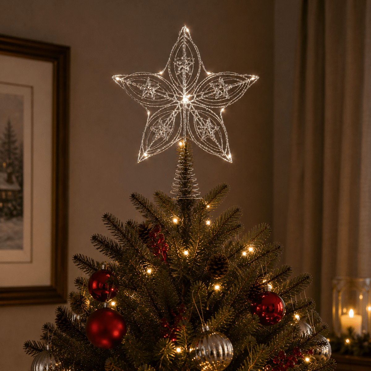 LED Silver Tree Top Star Battery Operated with Timer 30cm - XMAS DECORATIONS - Beattys of Loughrea