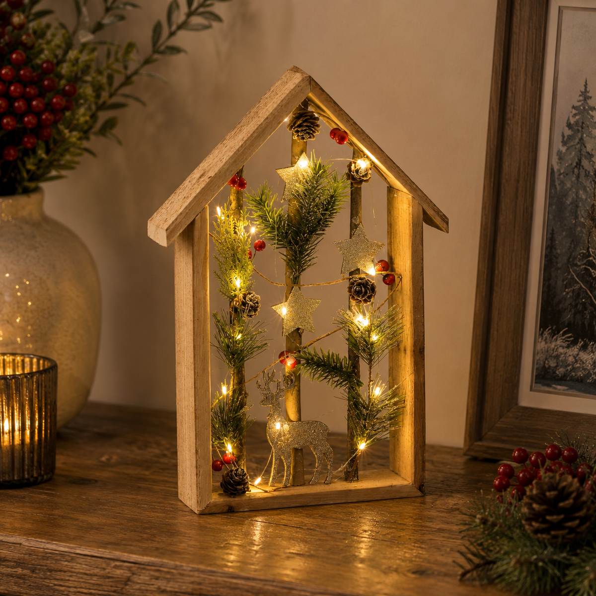 LED Wooden House Decoration Battery Operated 36cm