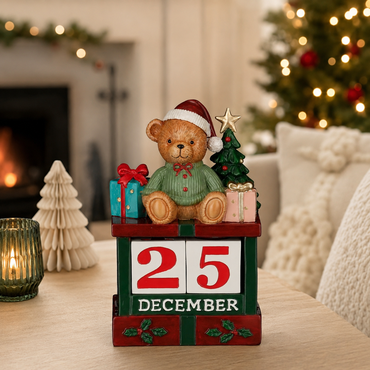 Christmas Bear Wooden Block Calendar 16.5cm