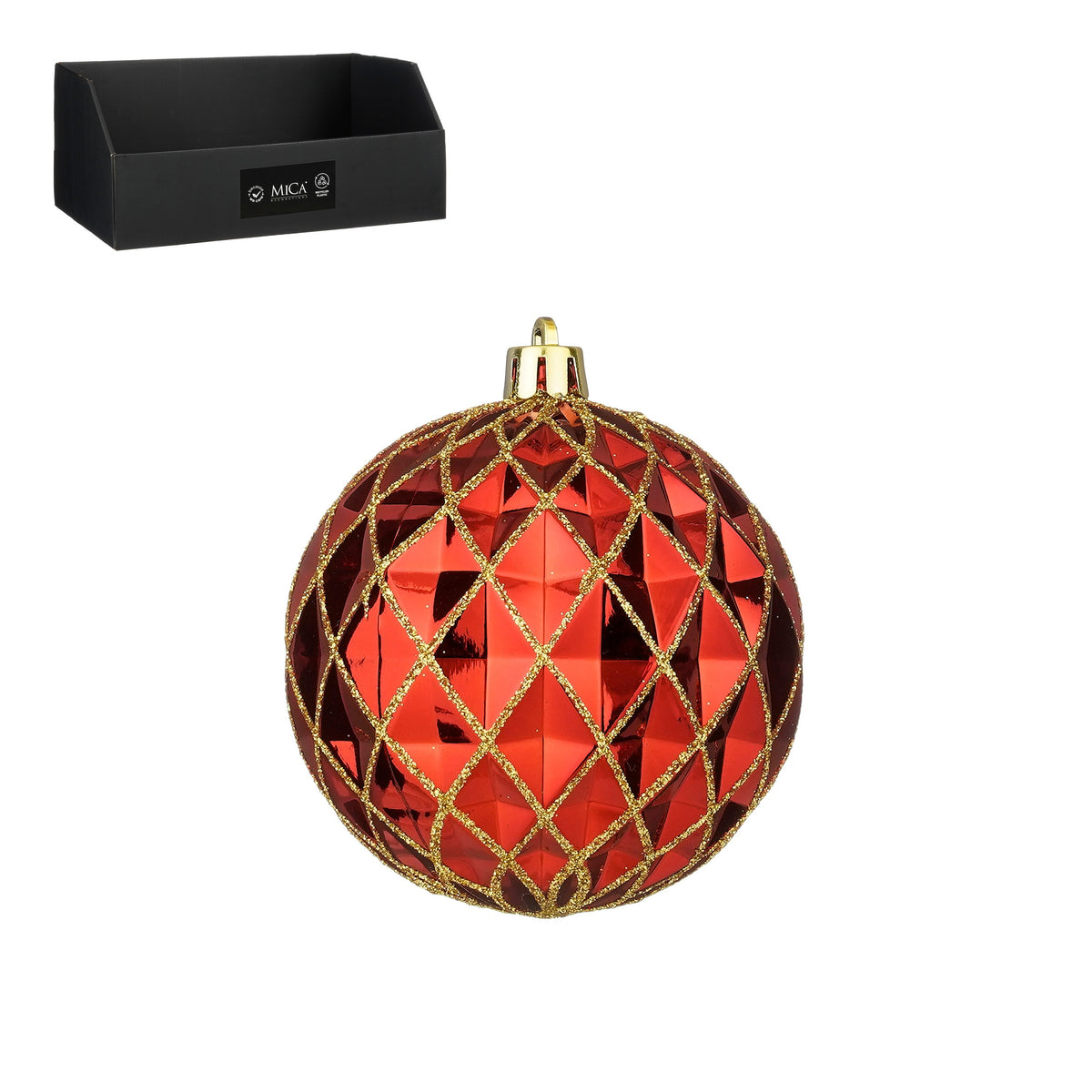 Faceted Shiny Red Christmas Bauble with Gold Glitter Lattice Design 8cm