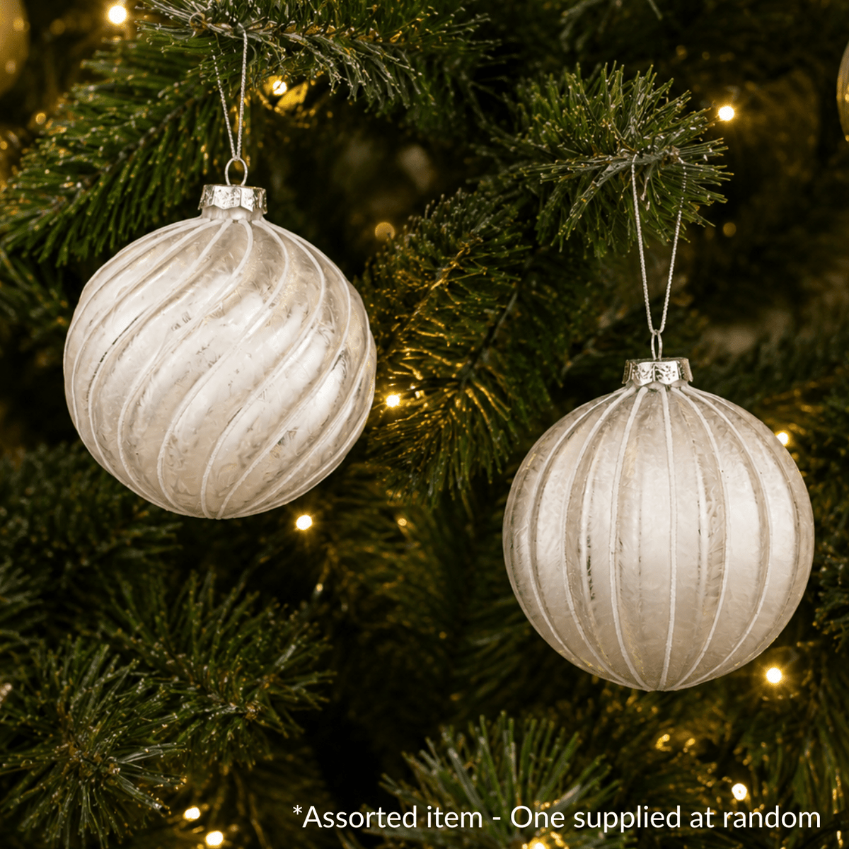 White Glass Bauble Assorted – One Supplied* - XMAS BAUBLES - Beattys of Loughrea