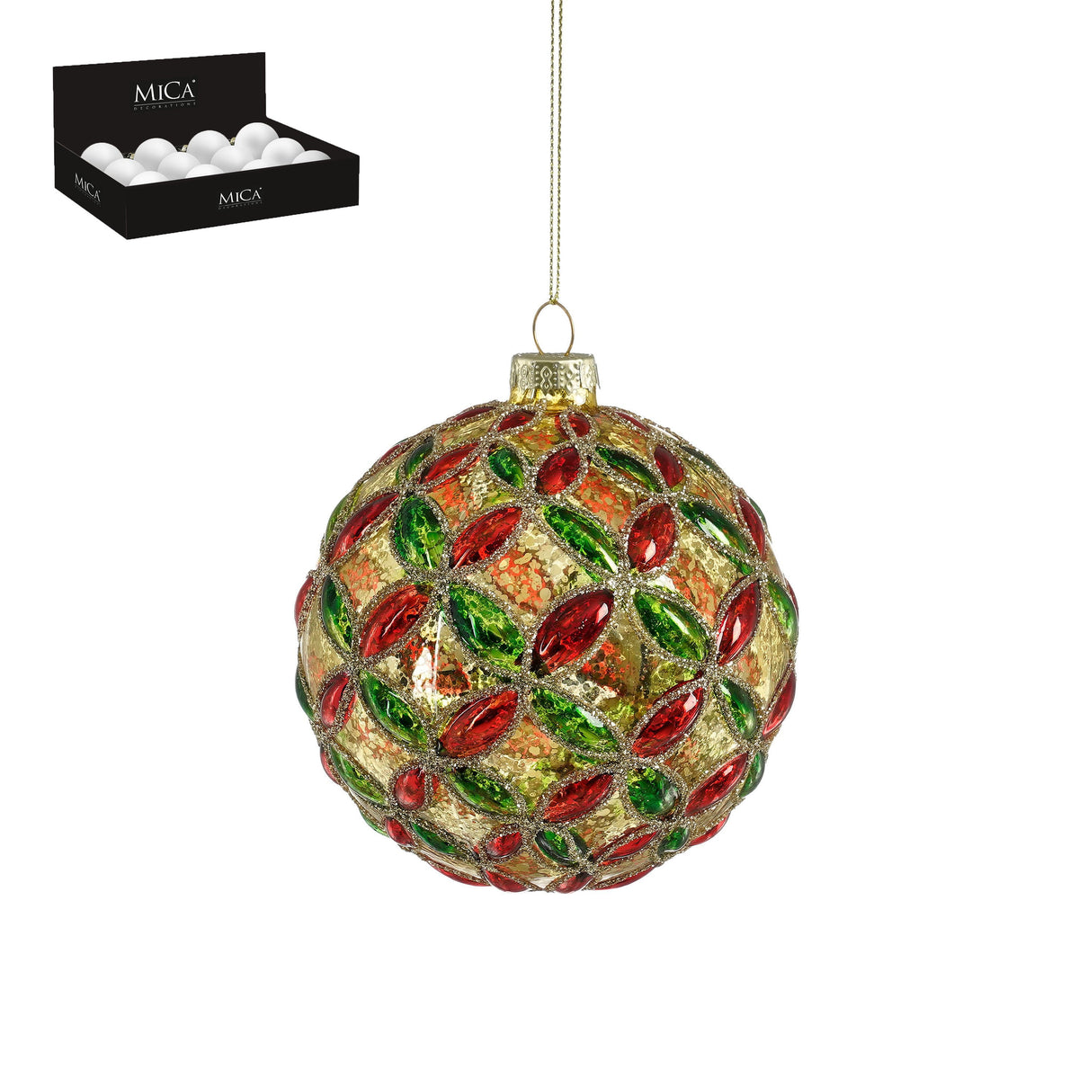 Glass Bauble with Red and Green Jewel Design Gold 10cm