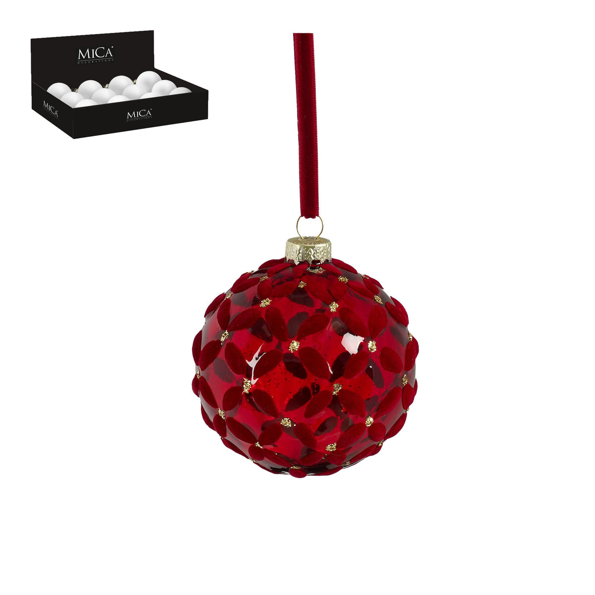 Red Glass Bauble with Velvet Flower Design 8cm