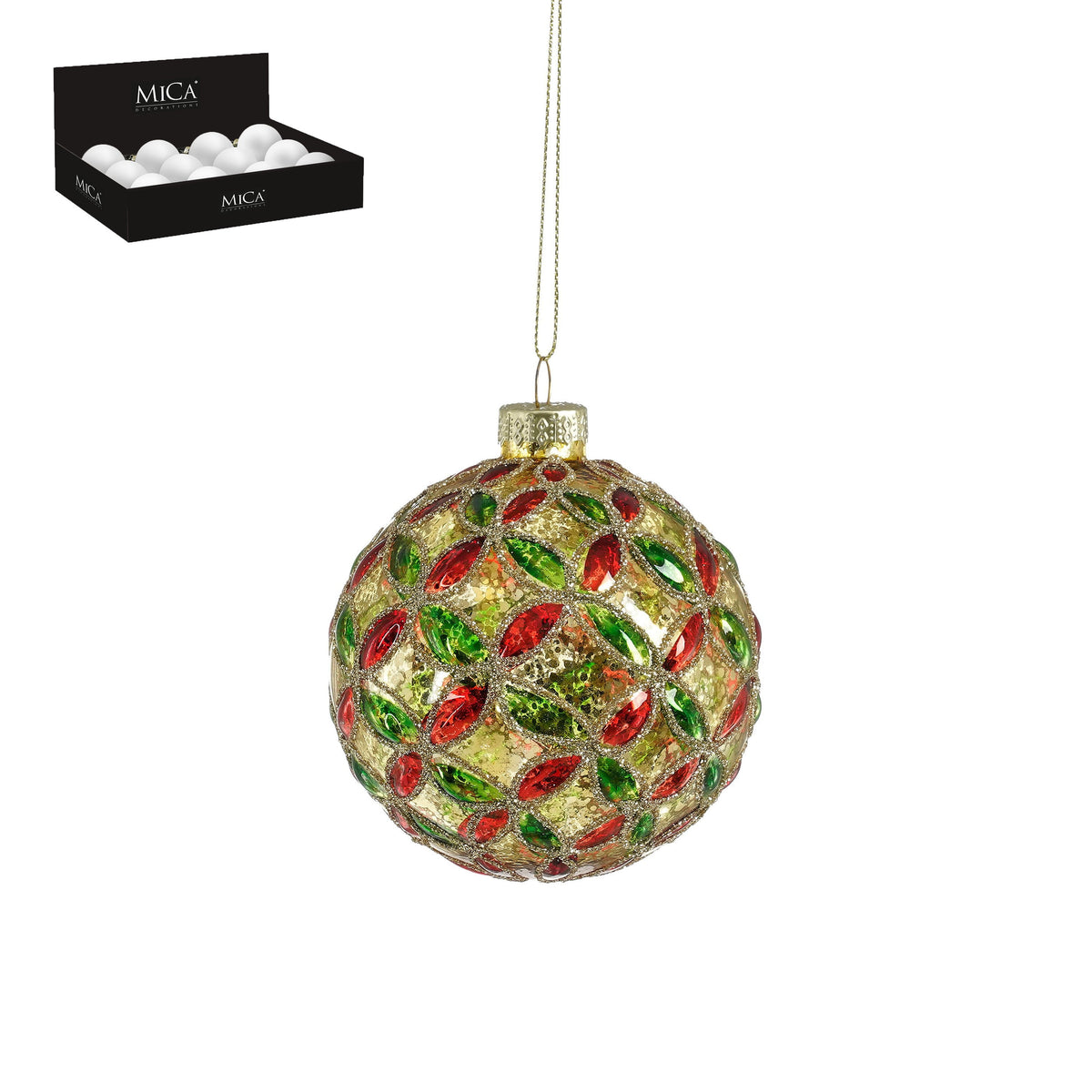 Glass Bauble with Red and Green Jewel Design Gold 8cm