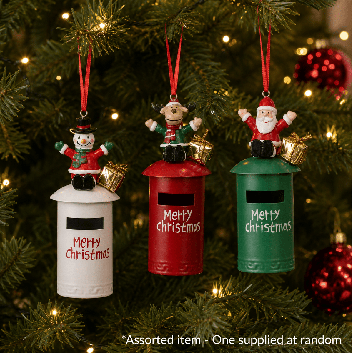 Santa Snowman & Reindeer on Postbox Hanging Decoration Assorted – One Supplied* - XMAS BAUBLES - Beattys of Loughrea