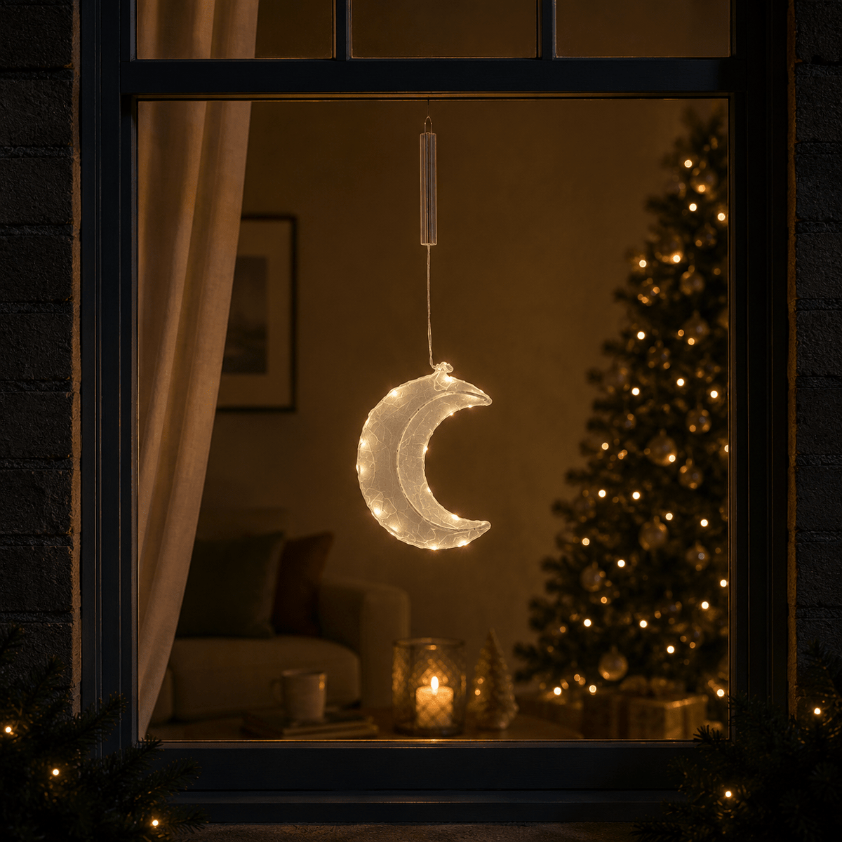 LED Moon Hanging Decoration Battery Powered 20cm - XMAS HANGING DECOS - Beattys of Loughrea