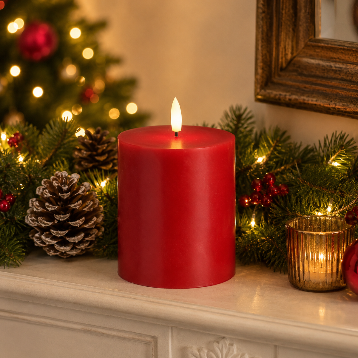 LED Candle Battery Operated with Timer Red 12.5cm