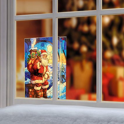 Premier Battery Operated Lit Santa on Chimney Stained Glass Table Decoration 26cm - XMAS BRANCHES/ TABLE DISPLAYS - Beattys of Loughrea