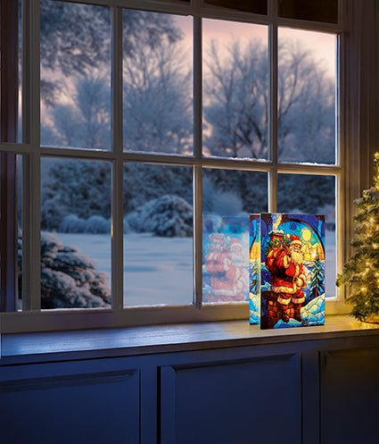 Premier Battery Operated Lit Santa on Chimney Stained Glass Table Decoration 26cm - XMAS BRANCHES/ TABLE DISPLAYS - Beattys of Loughrea