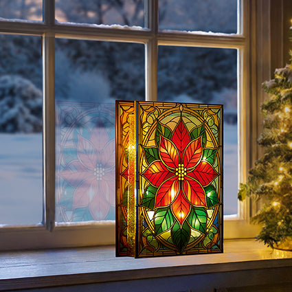 Premier Battery Operated Lit Poinsettia Stained Glass Table Decoration 21 x 13cm