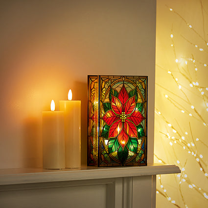 Premier Battery Operated Lit Poinsettia Stained Glass Table Decoration 21 x 13cm