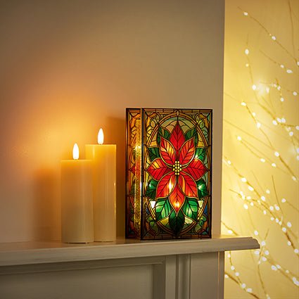 Premier Battery Operated Lit Poinsettia Stained Glass Table Decoration 21 x 13cm - XMAS ROOM DECORATION - LIGHT UP - Beattys of Loughrea