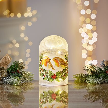 Premier Battery Operated Lit Glass Dome with Robin Scene 15cm - XMAS ROOM DECORATION - LIGHT UP - Beattys of Loughrea