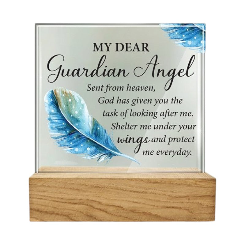 Glass Plaque With Wooden Base - Guardian Angel