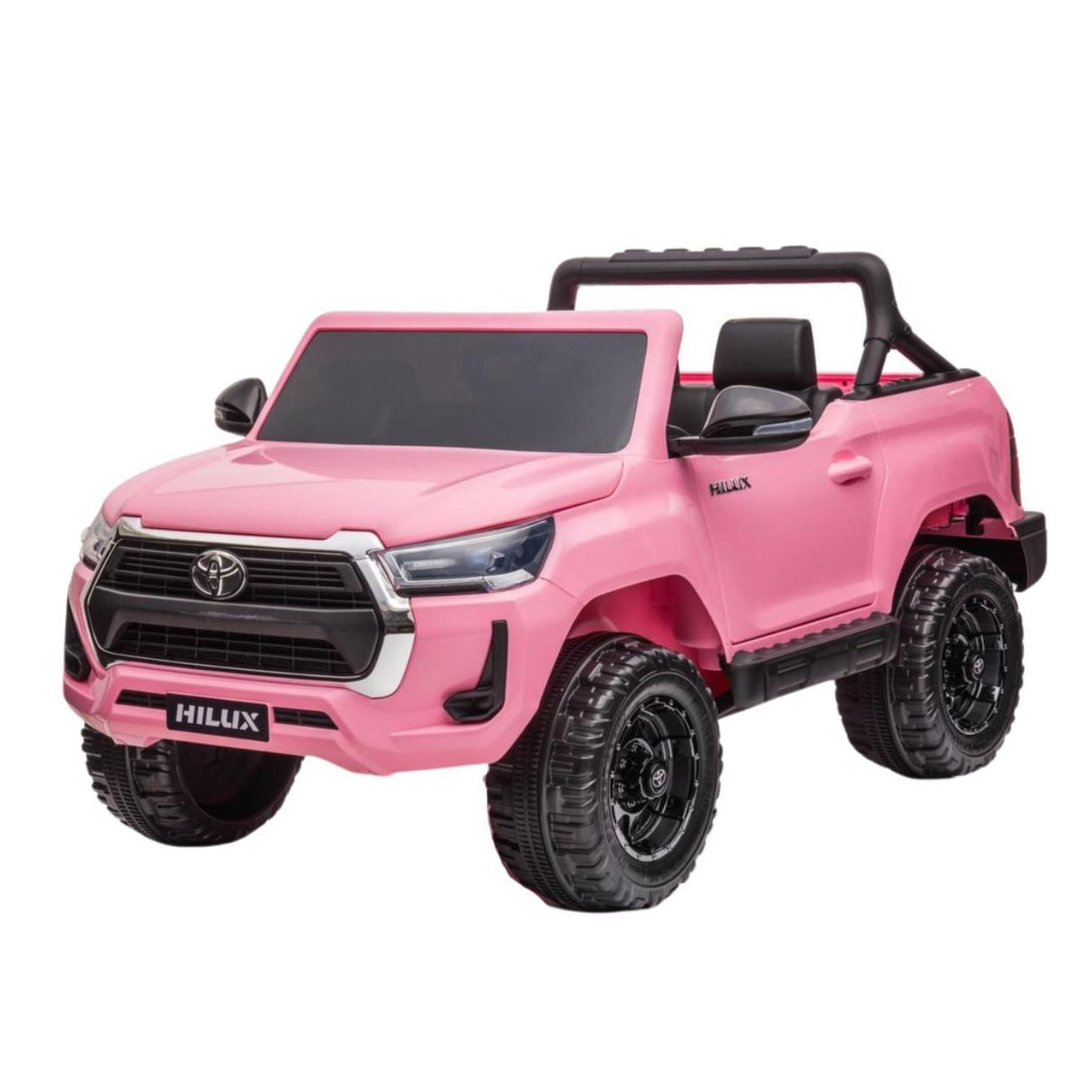 A pink Toyota Hilux children's ride-on toy truck with black tires, a black roll bar, and a black front grille, shown on a solid white background.