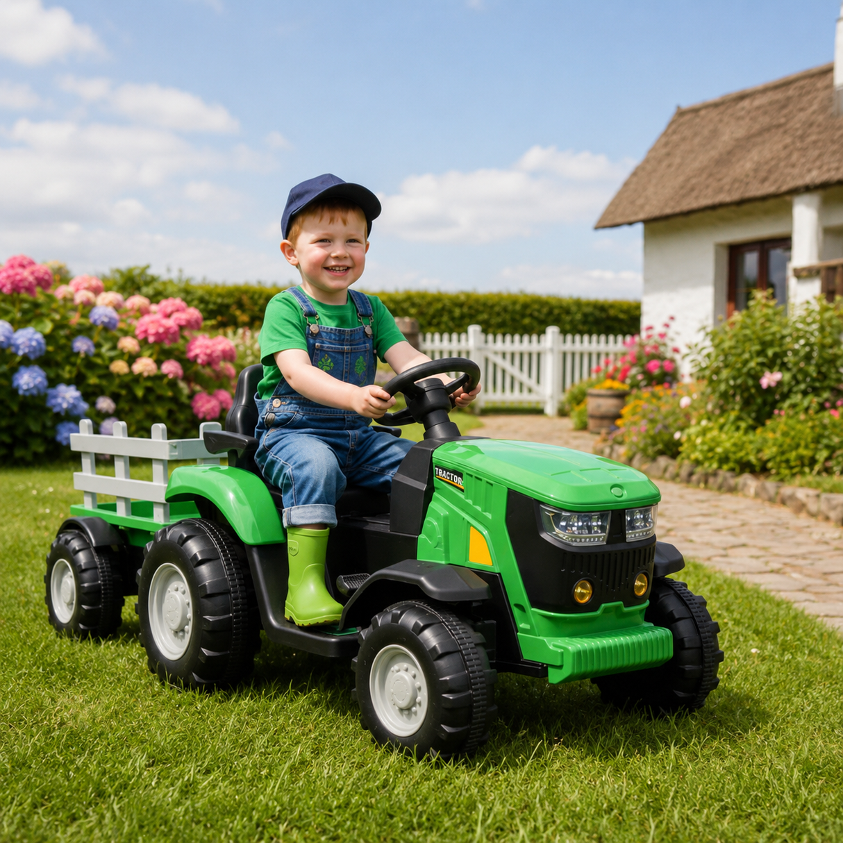 Turbo Harvest 12V Electric Ride On Tractor with Trailer Green - BATTERY OPERATED RIDE ONS - Beattys of Loughrea