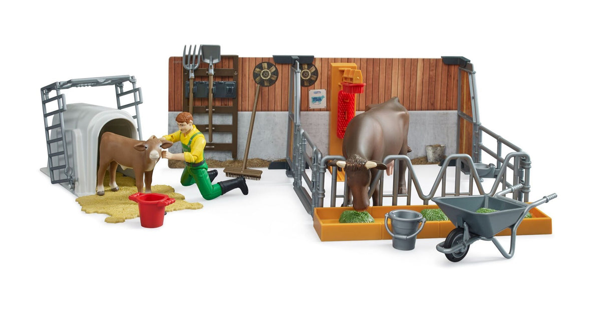 Bruder Cow and calf barn with farmer - FARMS/TRACTORS/BUILDING - Beattys of Loughrea
