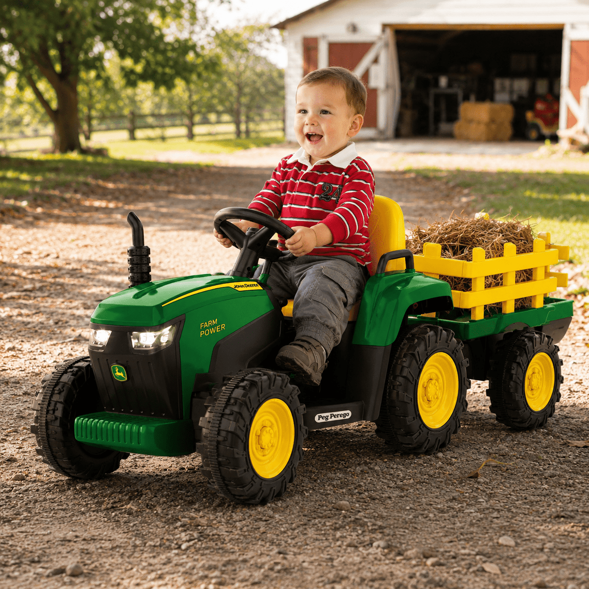 Peg Perego John Deere Farm Power 12V Electric Tractor With Trailer - BATTERY OPERATED RIDE ONS - Beattys of Loughrea