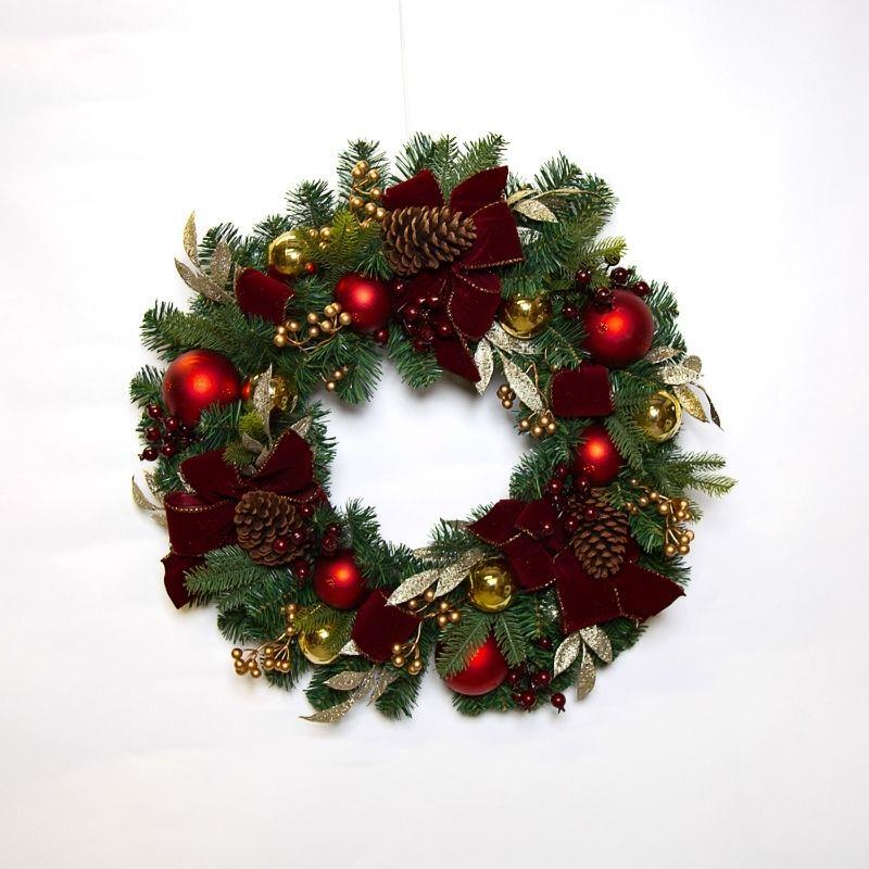 Luxury Burgundy Bow Christmas Wreath 76cm - XMAS WREATHS - Beattys of Loughrea