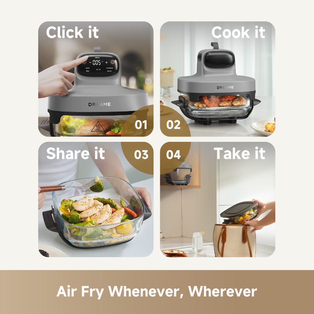Dreame Tasti PT60 5-in-1 Portable Glass Air Fryer - Grey - AIR FRYER / DEEP FAT FRYERS - Beattys of Loughrea