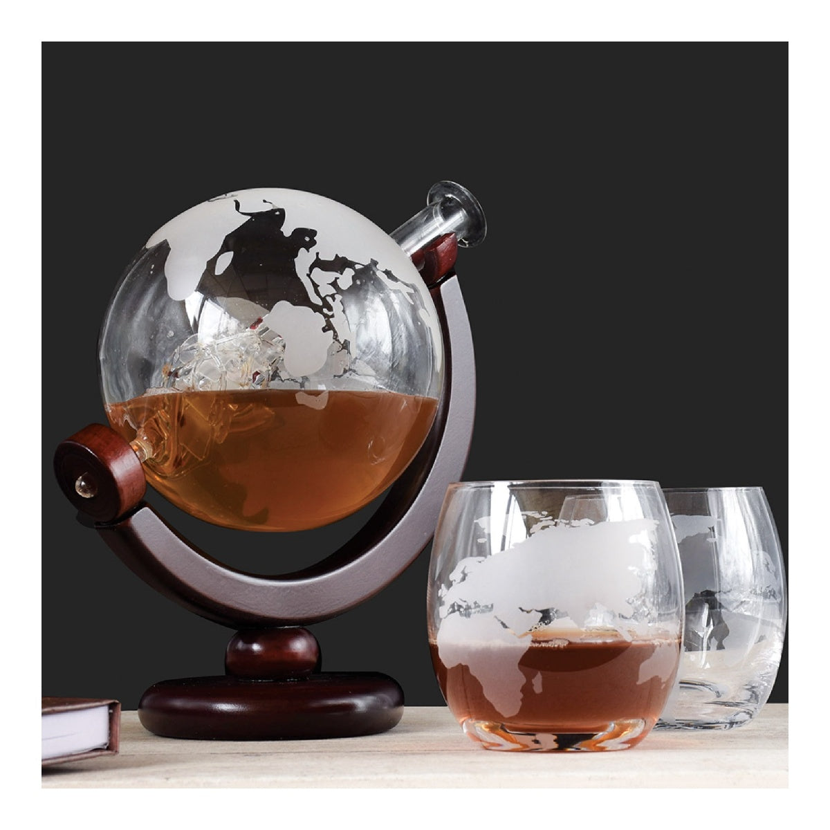 Globe Glass Decanter Set with 2 Glasses & Wooden Cradle