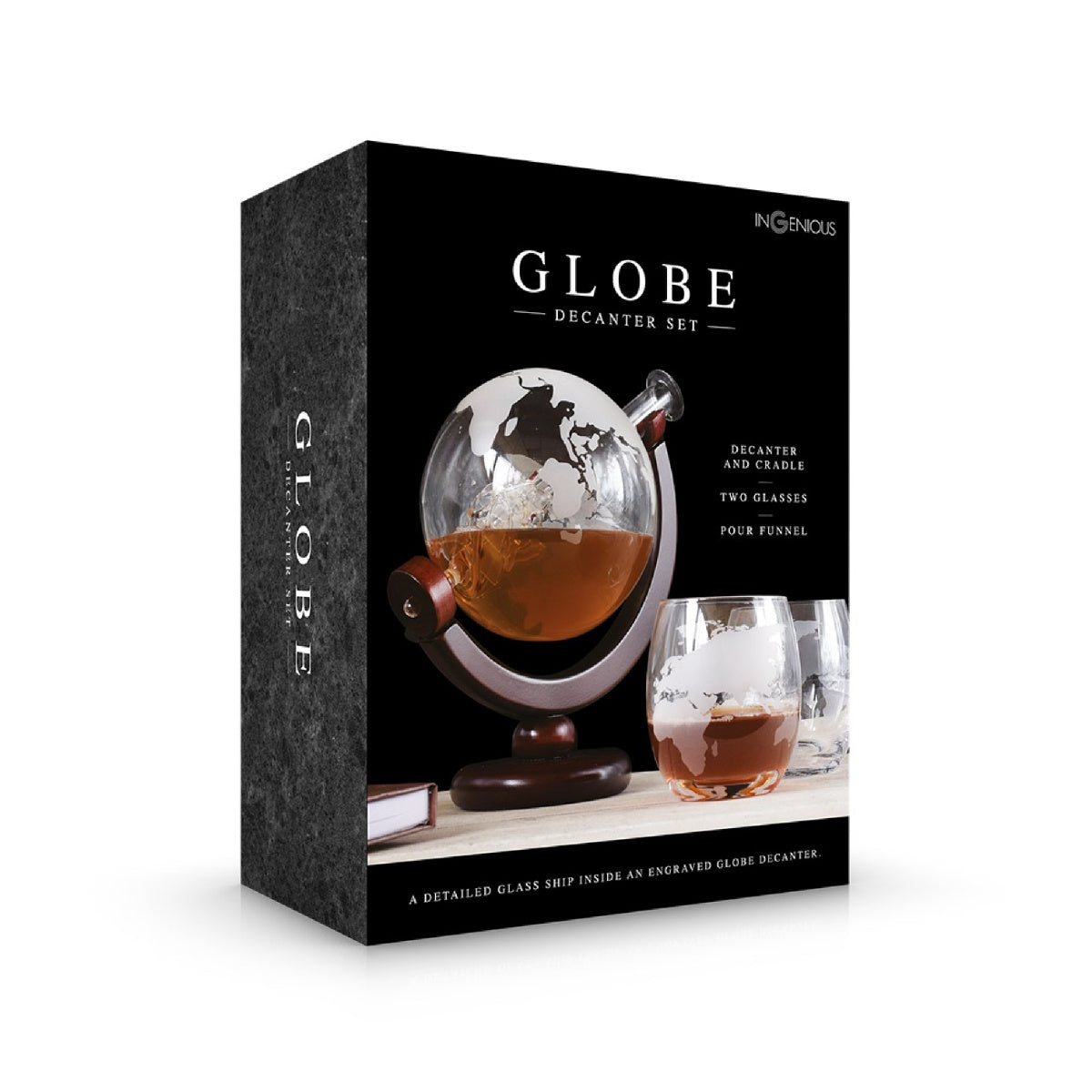 Globe Glass Decanter Set with 2 Glasses & Wooden Cradle
