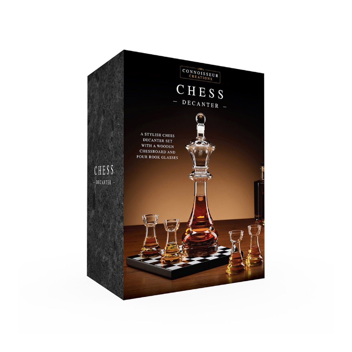 Luxury Chess Decanter Gift Set with Wooden Chessboard & 4 Rook Glasses - DRINKING GLASSES - Beattys of Loughrea