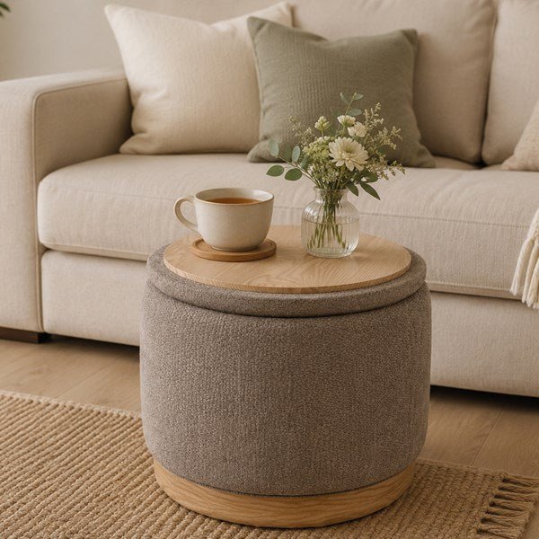 Pouffe Style Storage Ottoman with Tray Top 45x41cm - OCCASIONAL FURNITURE - Beattys of Loughrea