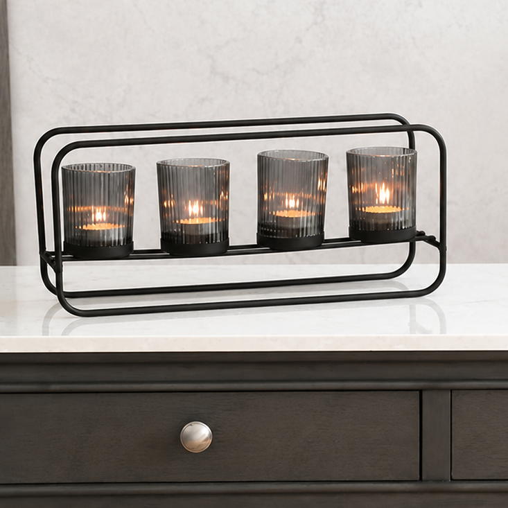 Smoke Grey 4 Tealight Holder 35x15cm