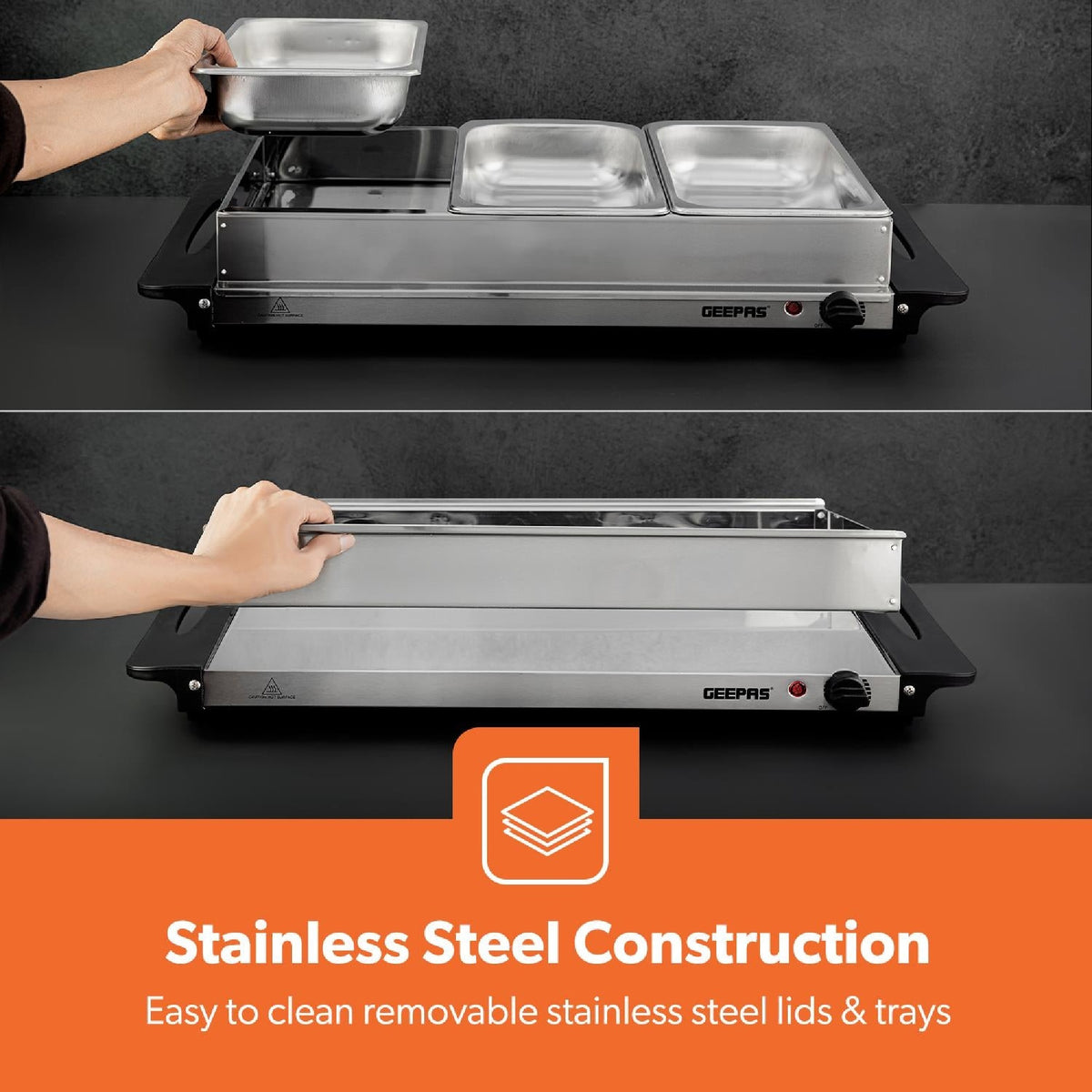 Geepas Stainless Steel Buffet Server 3 x 2.5L - PLATE/FOOD WARMER - Beattys of Loughrea