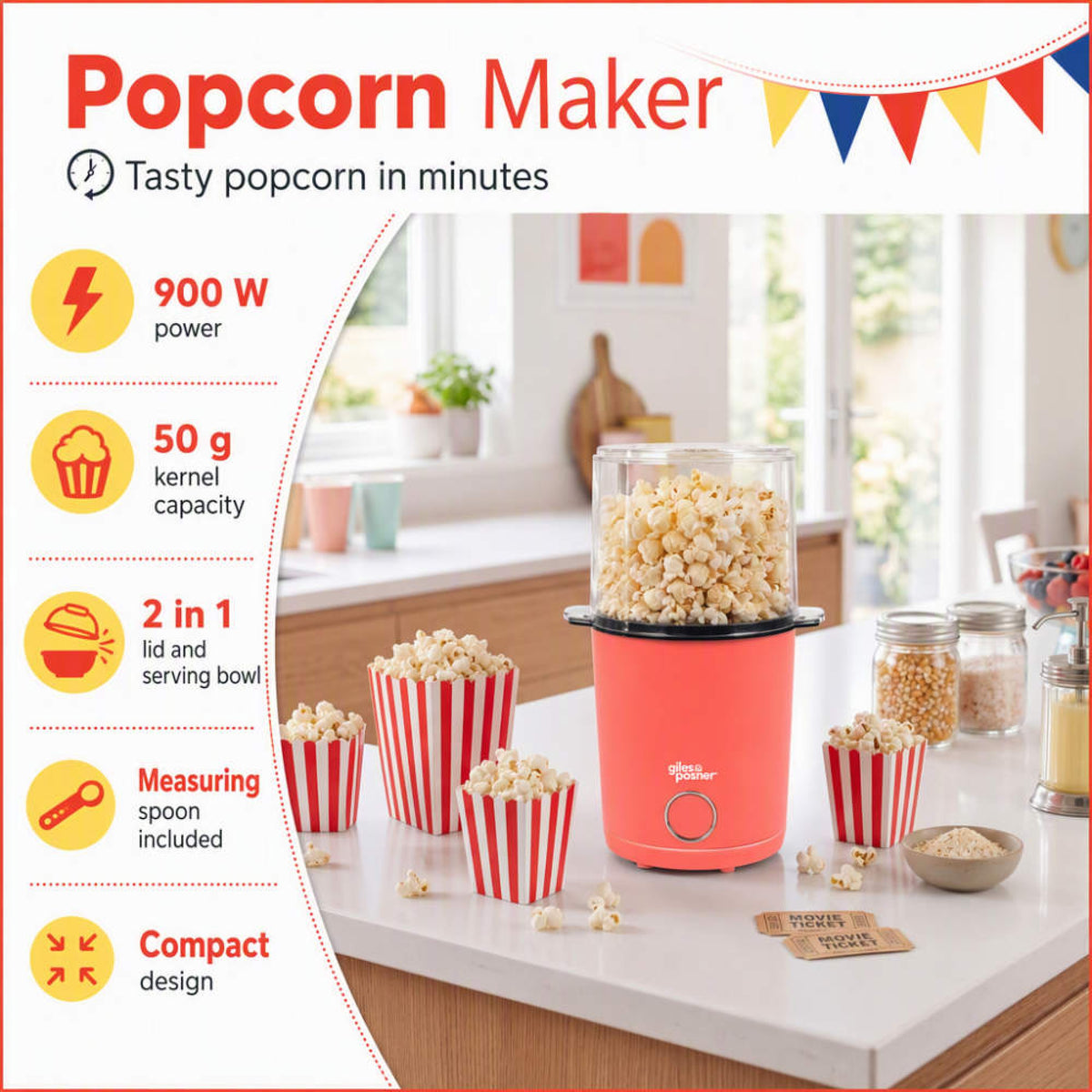 Giles & Posner Funfair Popcorn Maker, Matt Red