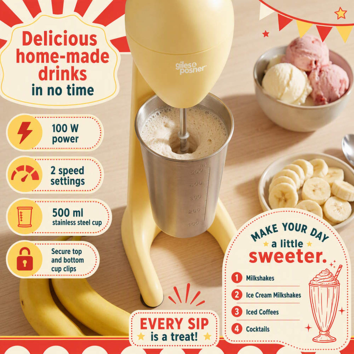 Giles & Posner Funfair Milkshake Maker, Matt Yellow