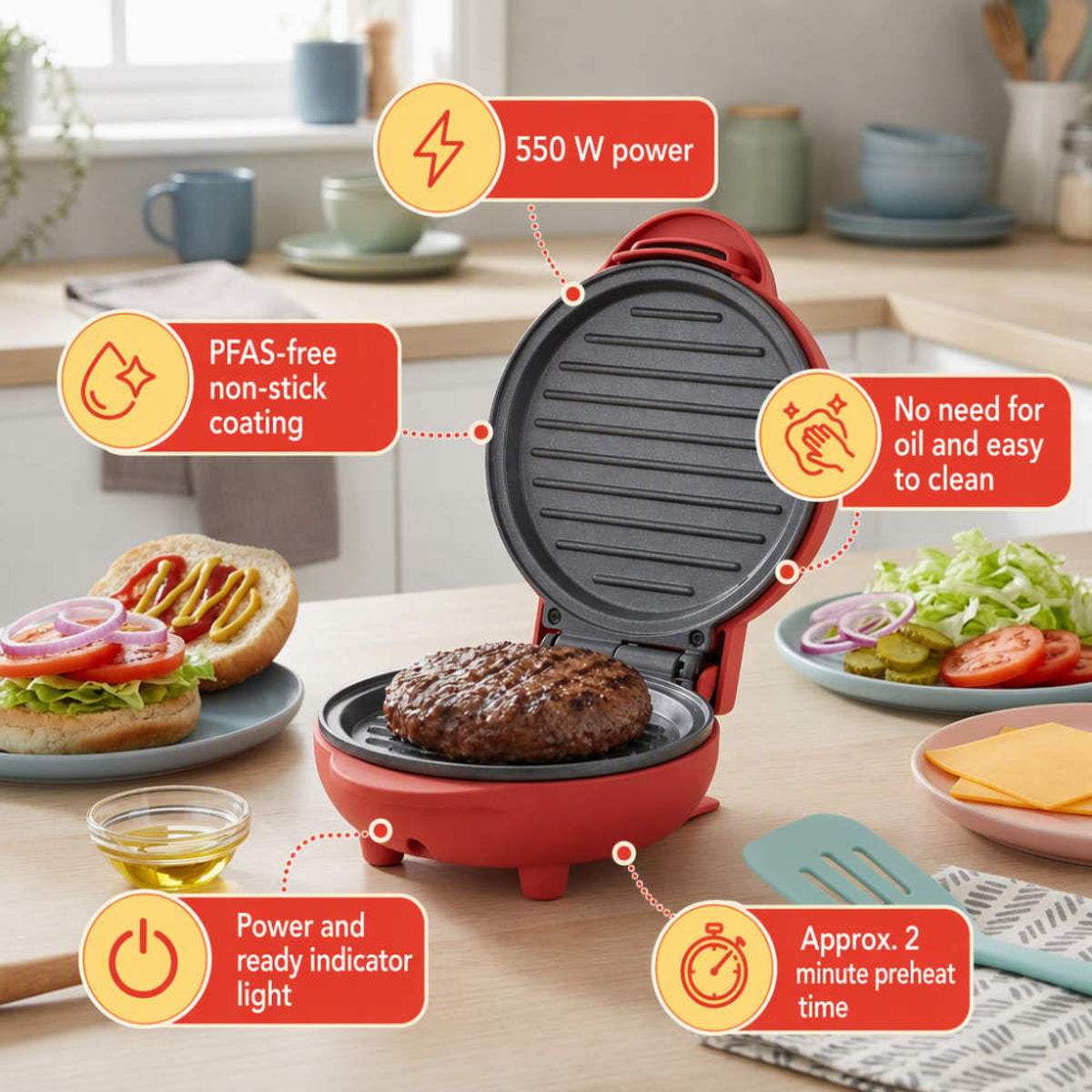 Giles & Posner Funfair Mini Griddle, Matt Red