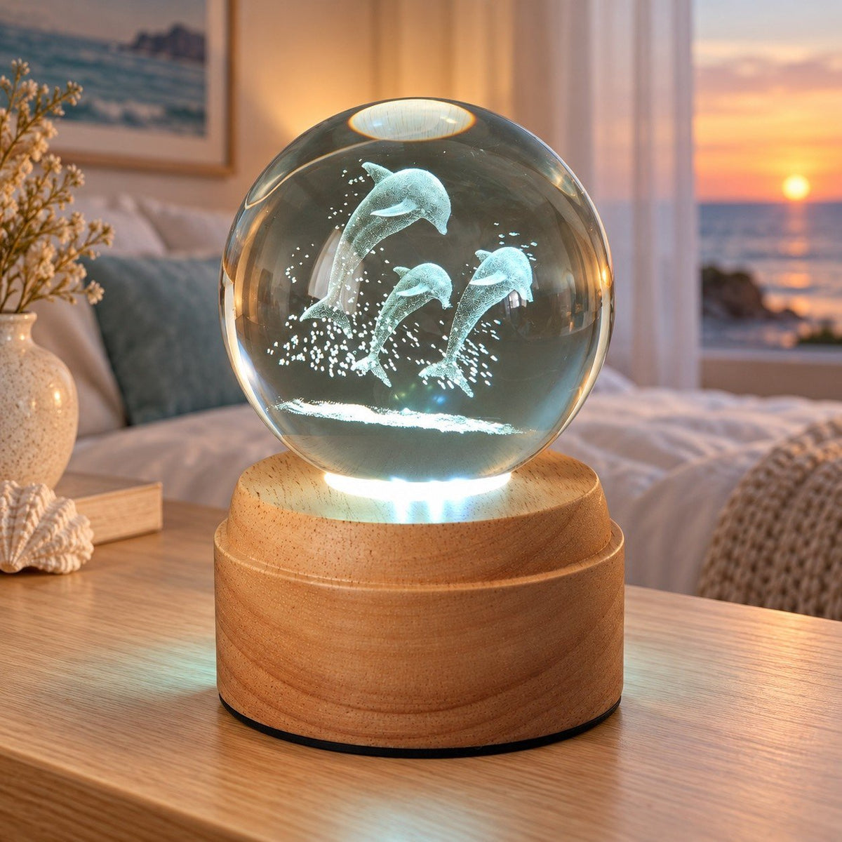 Dolphins Rotating 3D Crystal Globe Light - TABLE/BEDSIDE LAMPS - Beattys of Loughrea