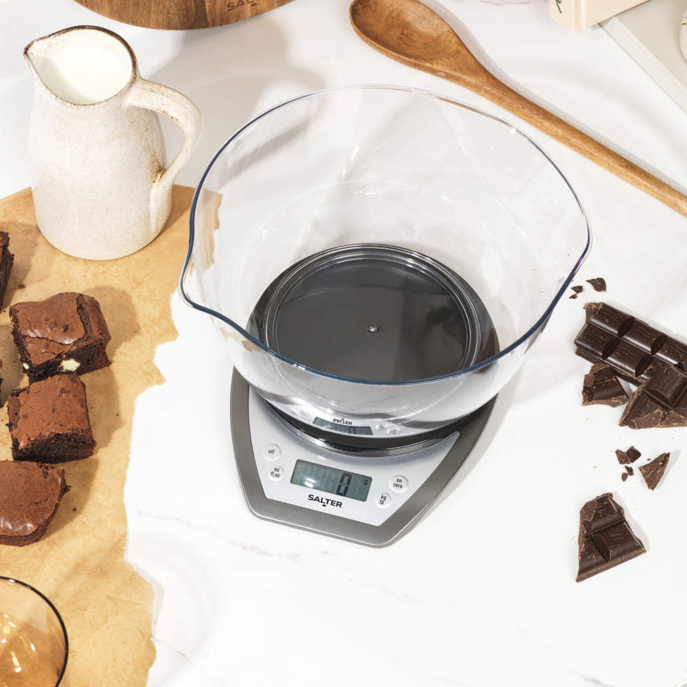 Salter Digital Kitchen Scale with Dual Pour Mixing Bowl, Silver