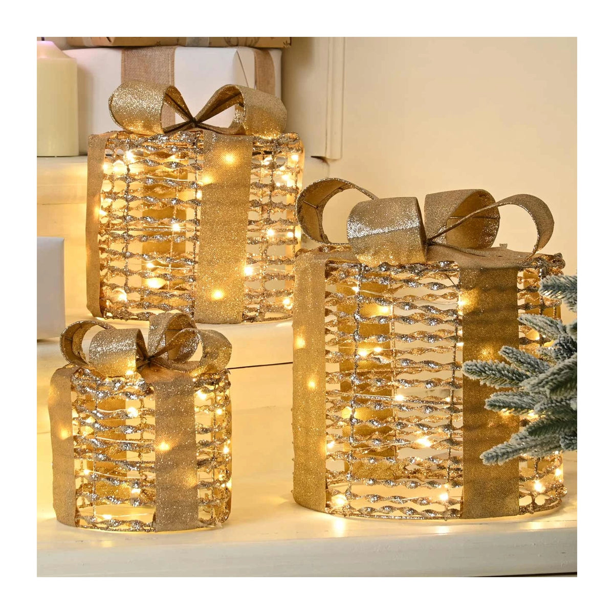 Festive LED Champagne Gold Parcels, Set of 3 - XMAS ROOM DECORATION - LIGHT UP - Beattys of Loughrea