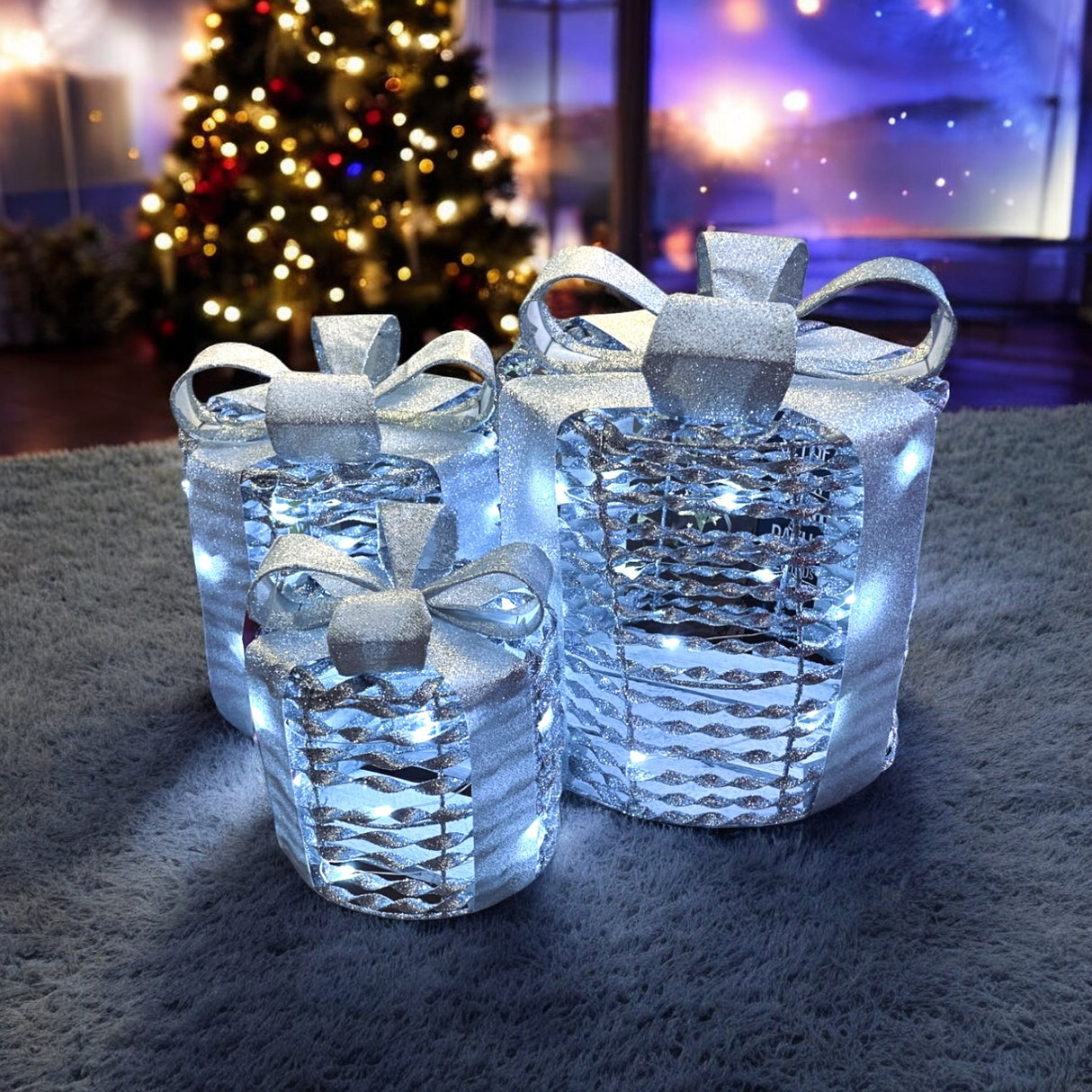 Silver GlitterTwist Gift Boxes Cool White - Set of 3