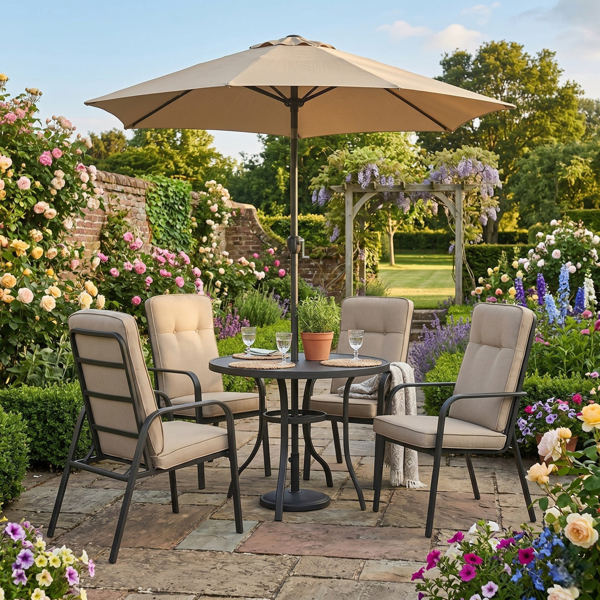 Verona 4 Seater Round Cushioned Garden Set - METAL GDN FURN SET 4+ SEATS - Beattys of Loughrea
