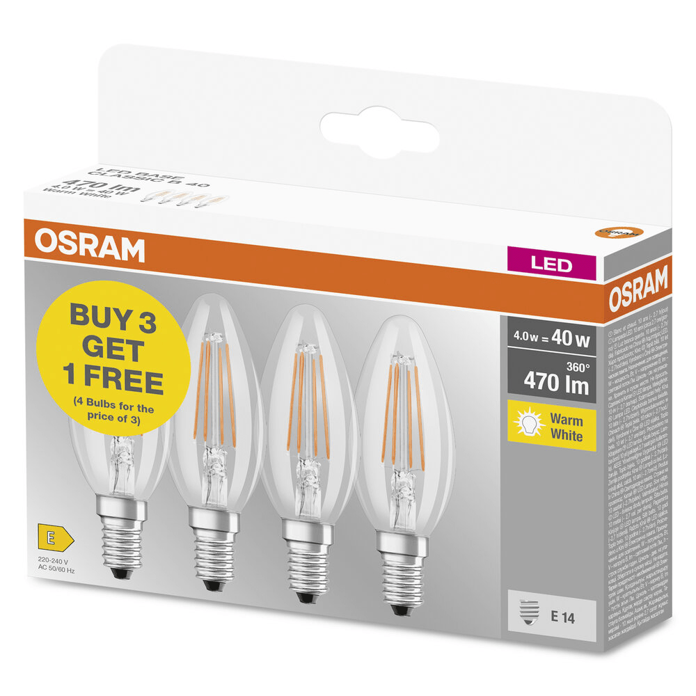 Osram 4pk Warm White E14 LED Bulbs 4.0w=40W - LED BULBS - Beattys of Loughrea