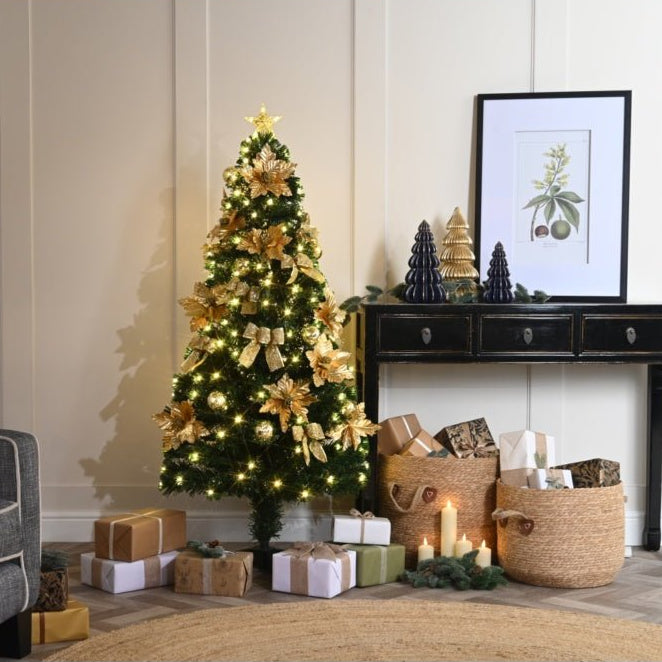 Fibre Optic Gold Poinsettia And Bow Tree | 1.2M - XMAS TREE F/O LIGHT UP - Beattys of Loughrea